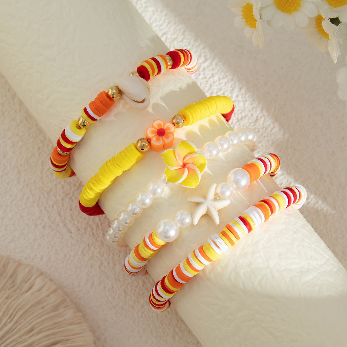 Brayley Beaded Shell Bracelet Set - Mixed Orange [983BS3HE]