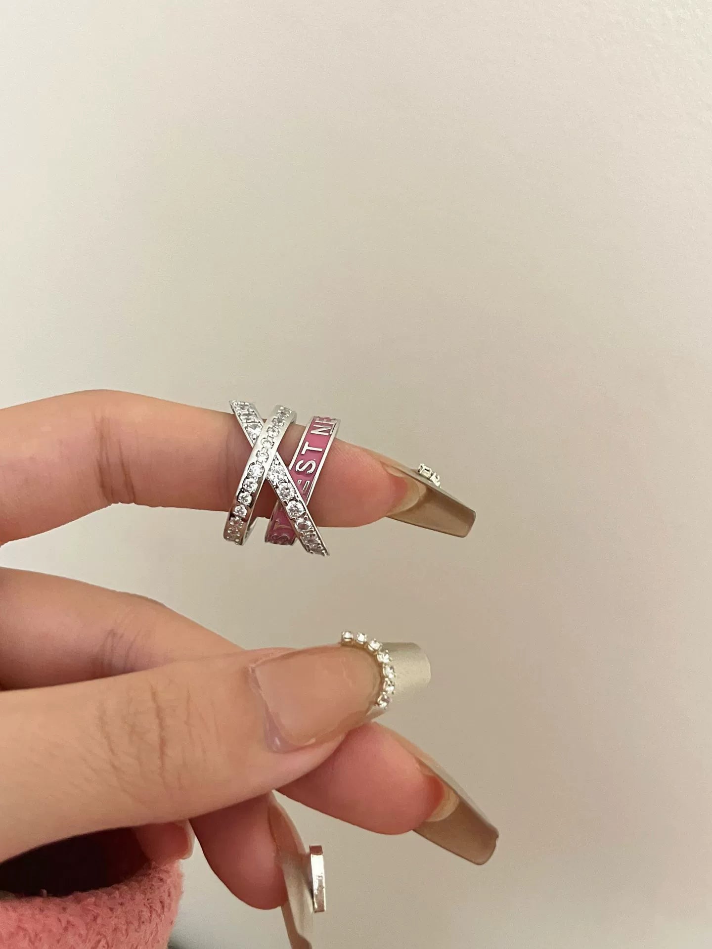 Jaslene Enamel Letter Band Ring - Pink Rhinestone Ring