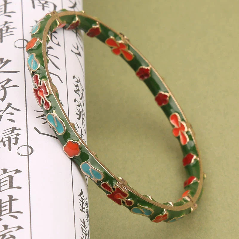 Pilar Enamel Floral Bracelet - Green Base Red Flower