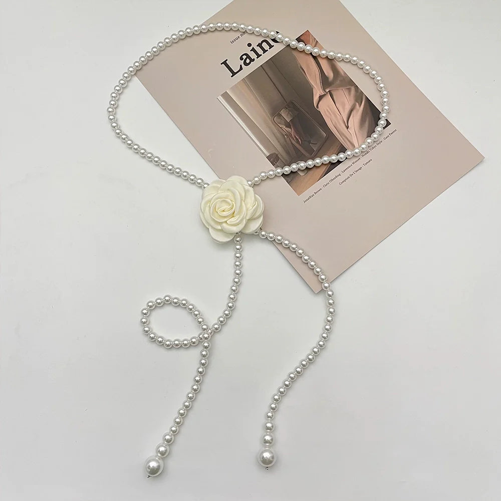 Lauryn Pearl Camellia Waist Chain - White Flower Waist Chain with Detachable Brooch