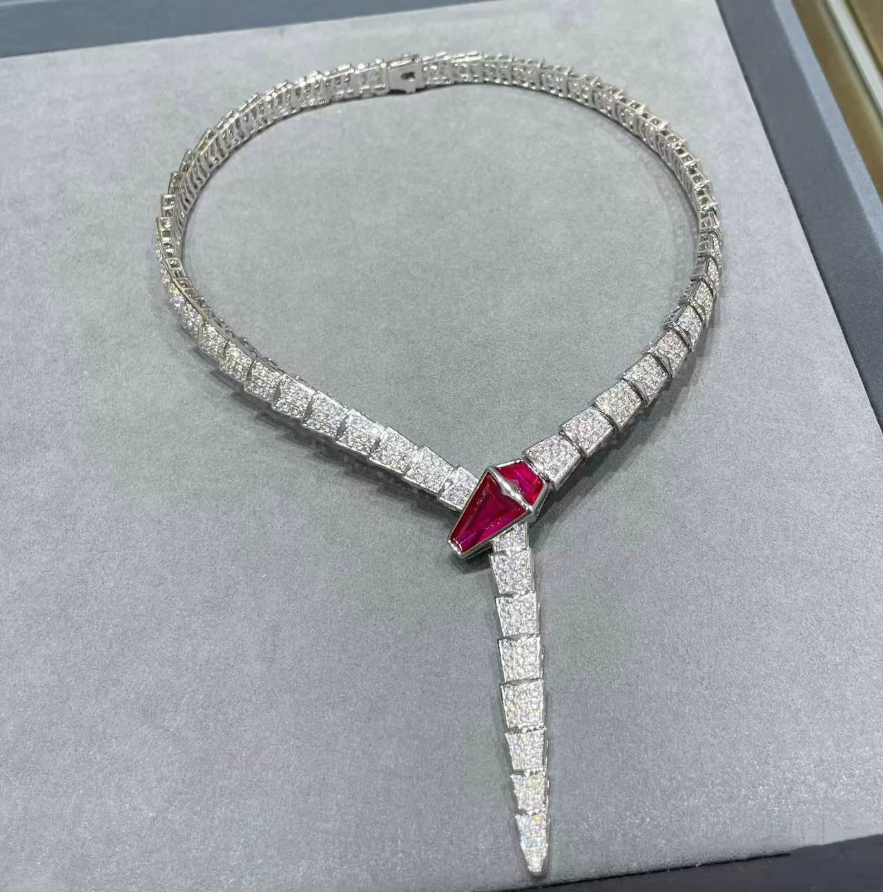 Kiera Serpent Diamond Necklace - White Gold Red Tourmaline