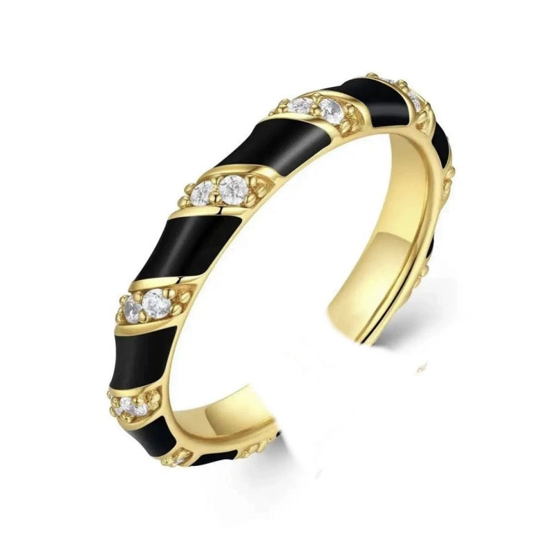 Raygen Zircon Heart Open Ring - Black Drop Glaze Rhinestone Ring [UKCE0AHB]