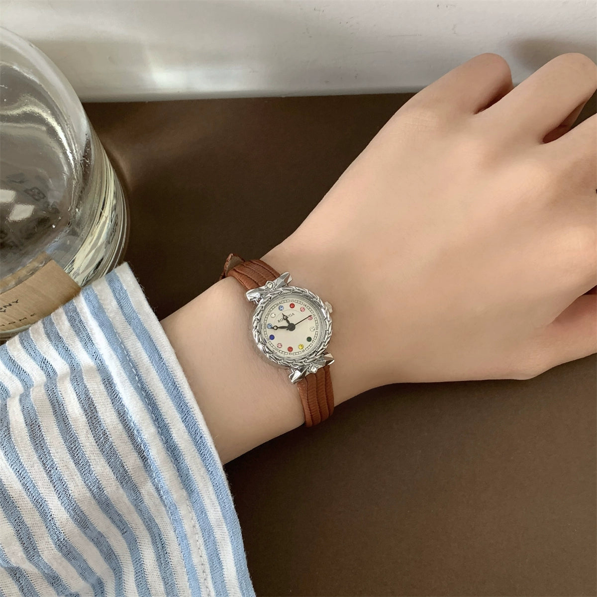 Alyanna Crystal Dainty Watch - Coffee Strap, Silver Case [NLBNYTP0]