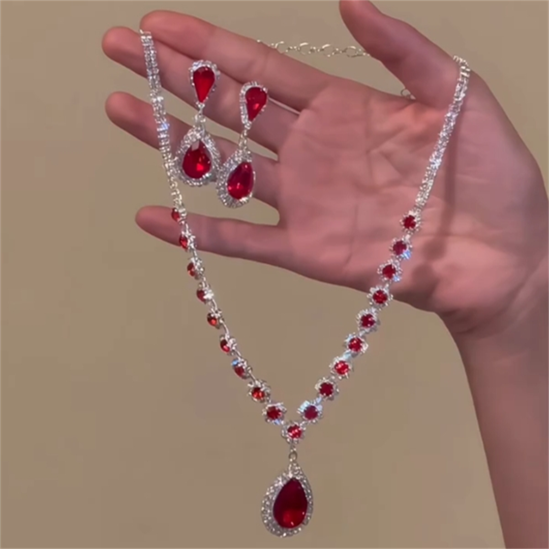 Naima Ruby Teardrop Jewelry Set - Necklace + Earrings