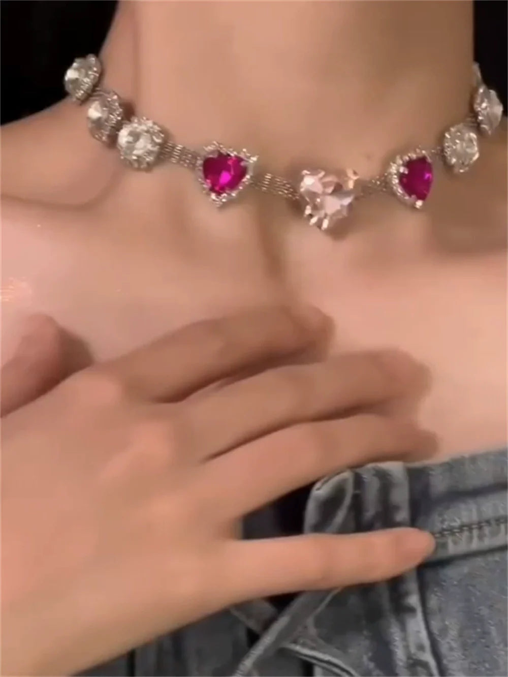 Grayce Crystal Heart Choker - Pink Heart