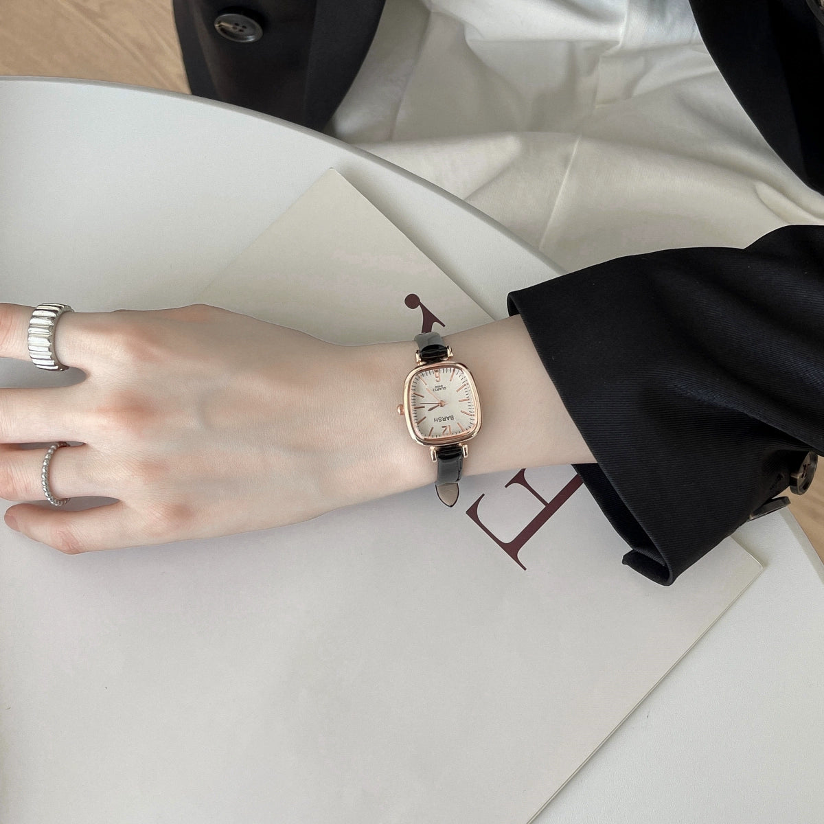 Sumayyah Petite Leather Watch - Black Strap, White Face [BLGI624B]