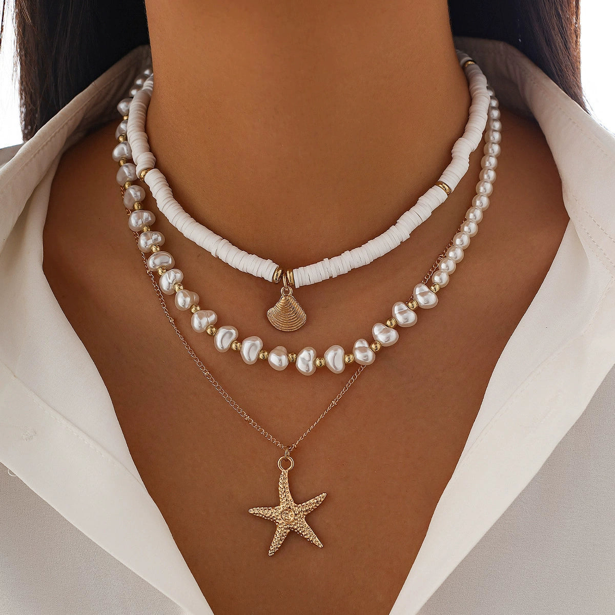 Hadley Layered Pearl Starfish Necklace - Gold + White 3-Piece Set [CWWU38WU]