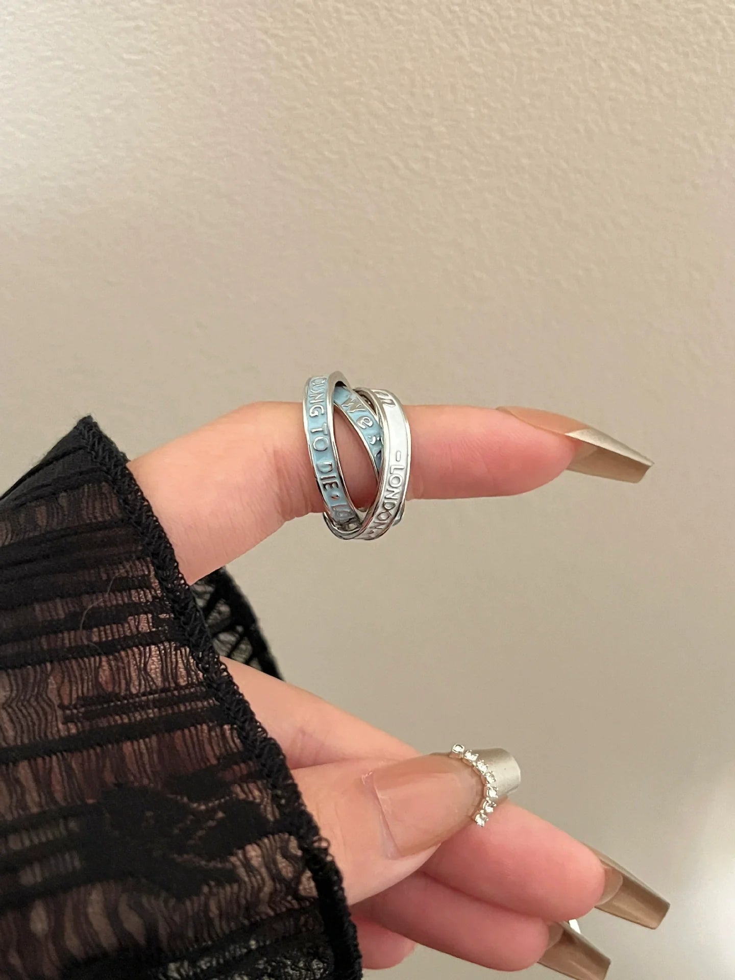 Jaslene Enamel Letter Band Ring - Blue & White Band
