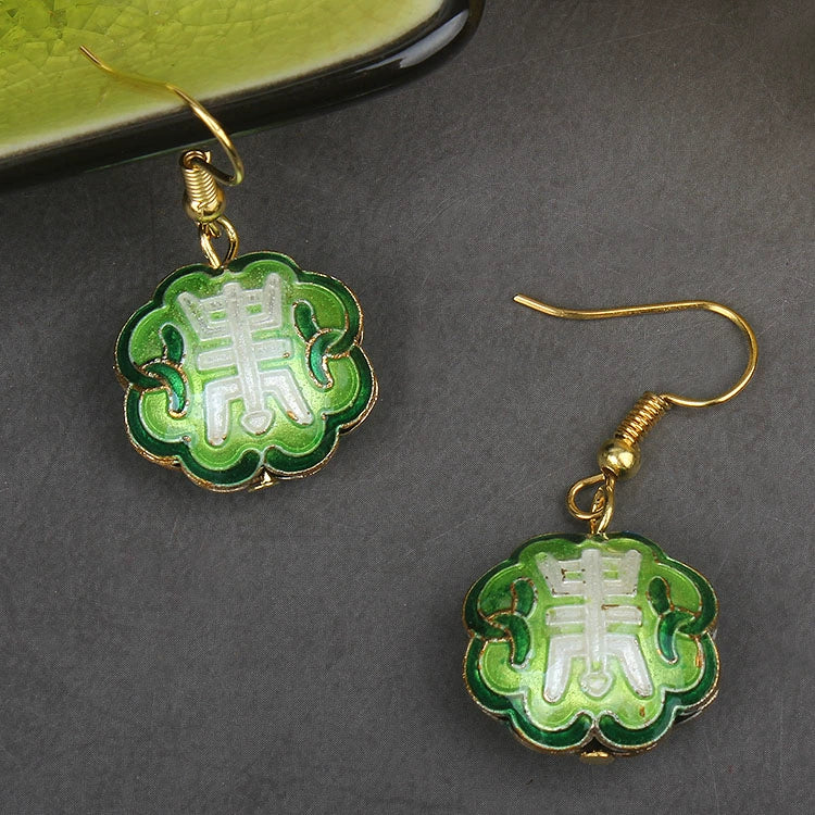 Adia Vintage Enamel Drop Earrings - Floral Green Longevity Character