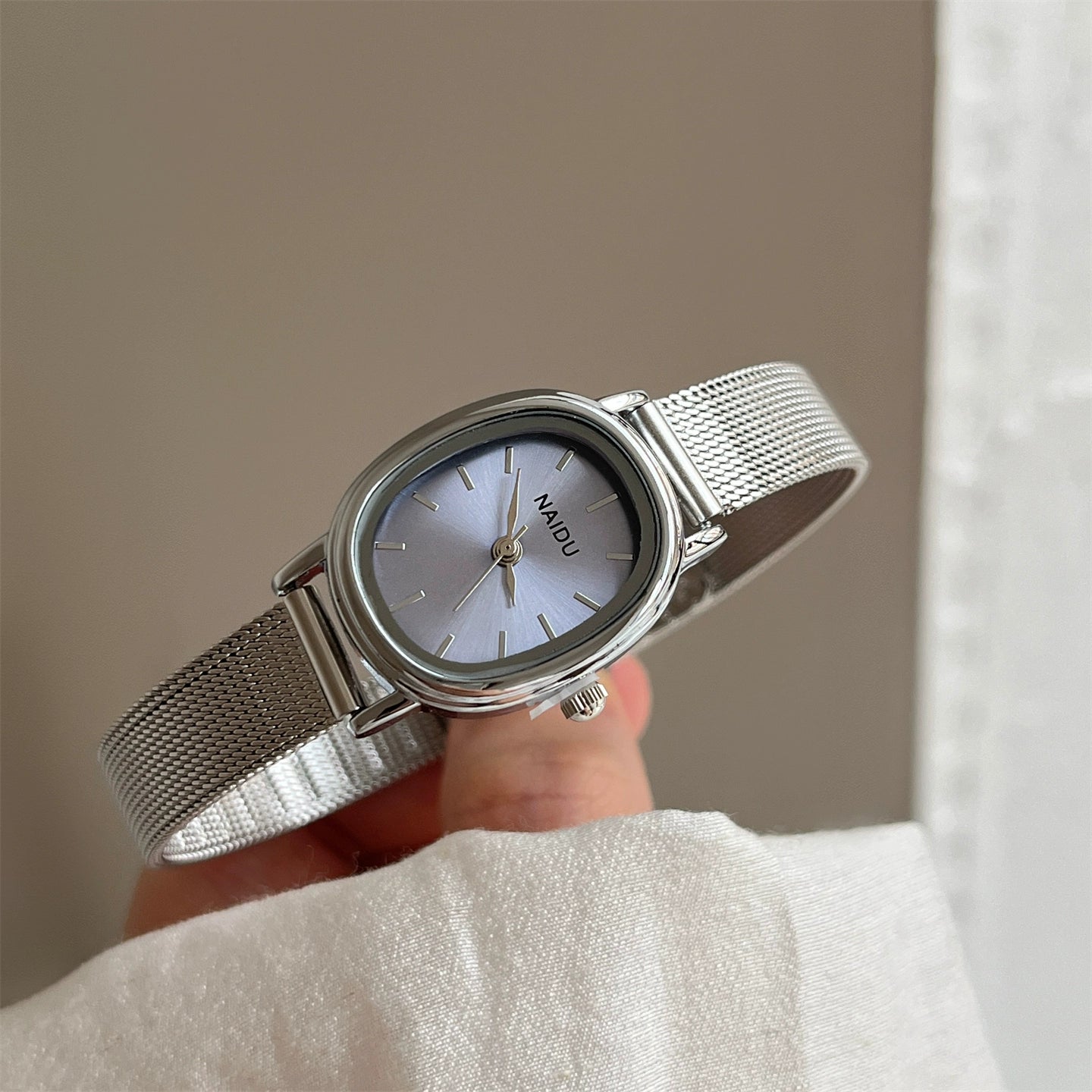 Ainara Retro Mesh Watch - Silver Strap Grey-Blue Dial [G2CGL86H]