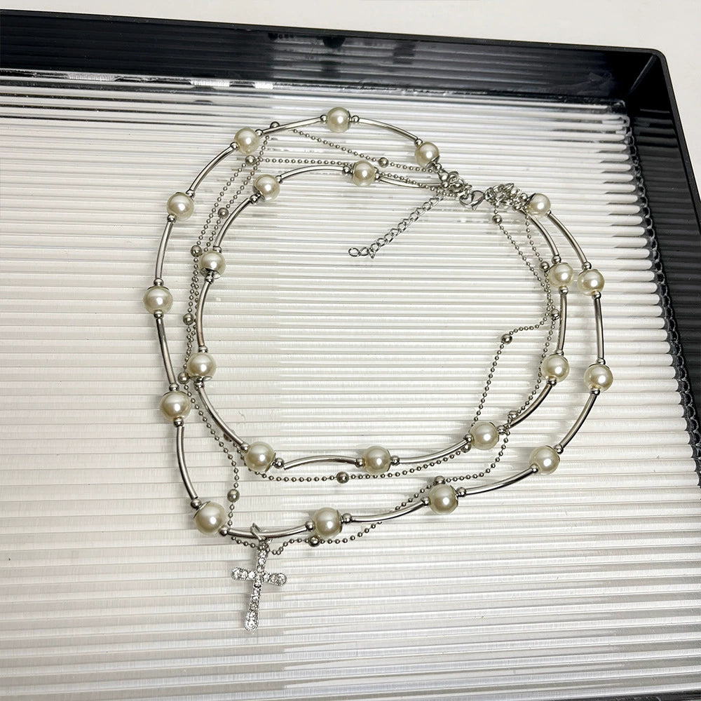 Sumaya Pearl Cross Choker - Cross Layered Pearl Necklace [UHUDNT3G]
