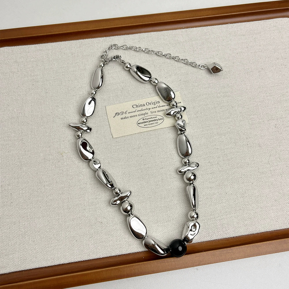 Kynlie Asymmetric Metal Necklace - Black Stone Irregular Metal Necklace [U6CQ0009]