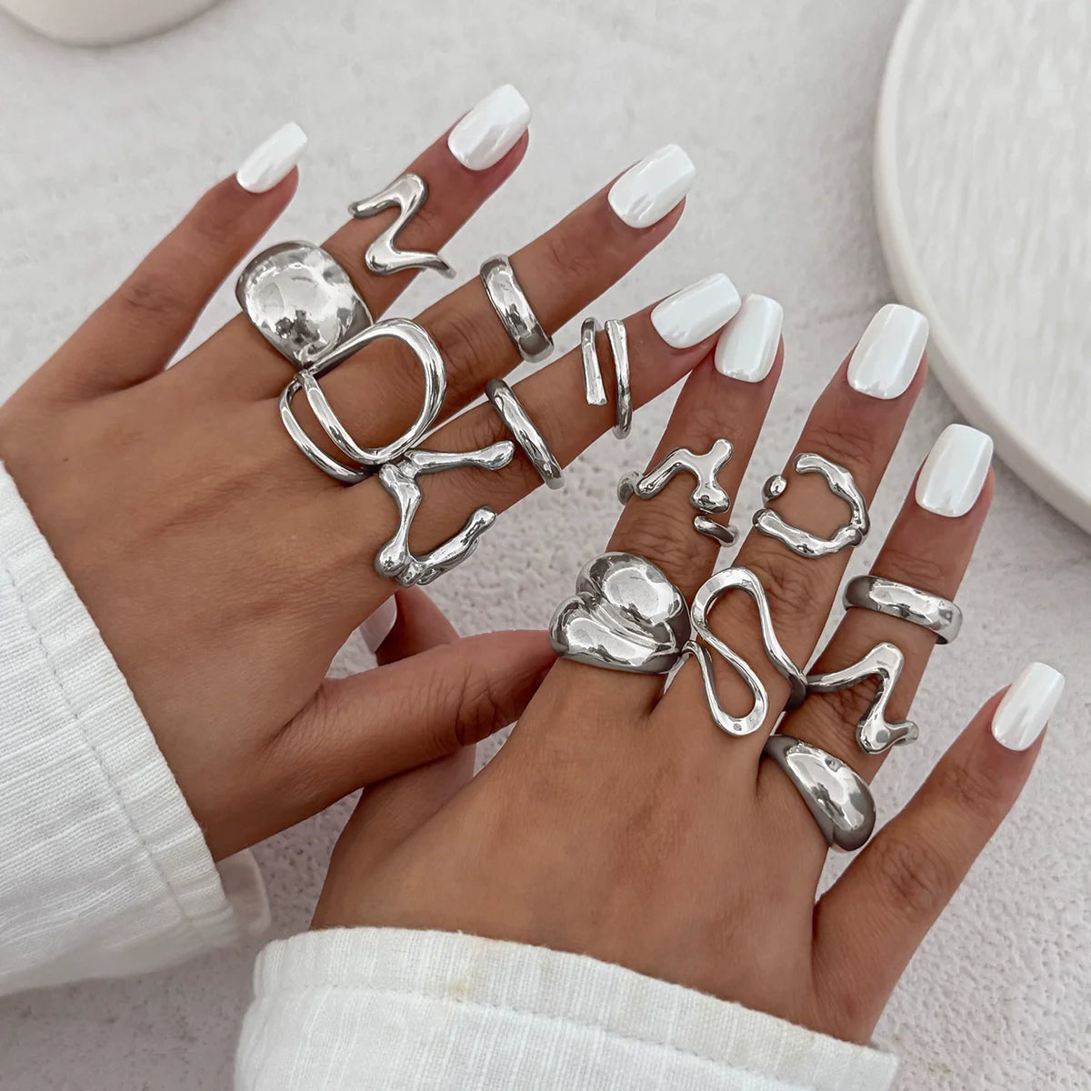 Emmalee Irregular Open Ring Set - Silver (14-piece Collection)