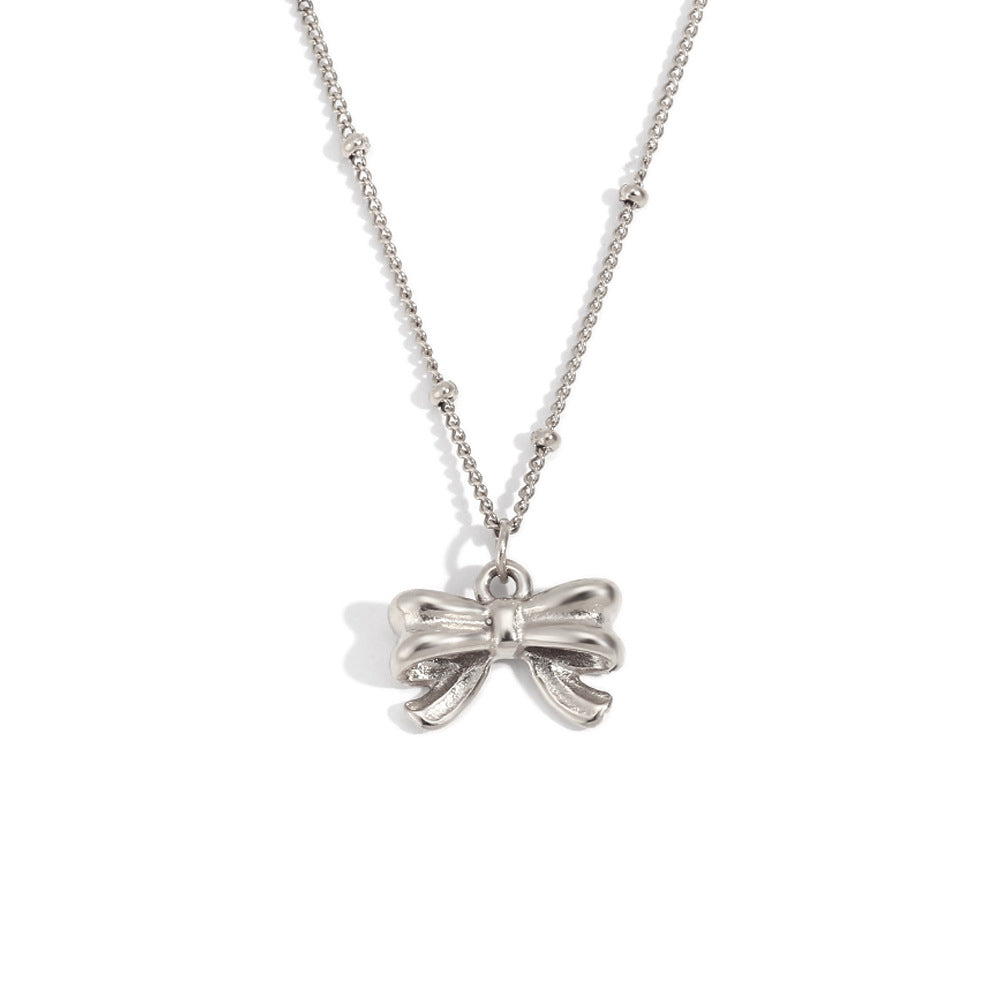 America Dainty Bow Set - Beaded Chain Bow Pendant Necklace - Silver-tone [O0RAZZ2R]