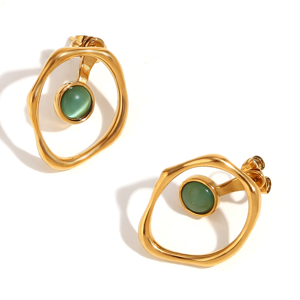 Amberley Hammered Geometric Earrings - Synthetic Stone Front Back Hollow Hoop Stud Earrings - Gold Green [LB766JN4]