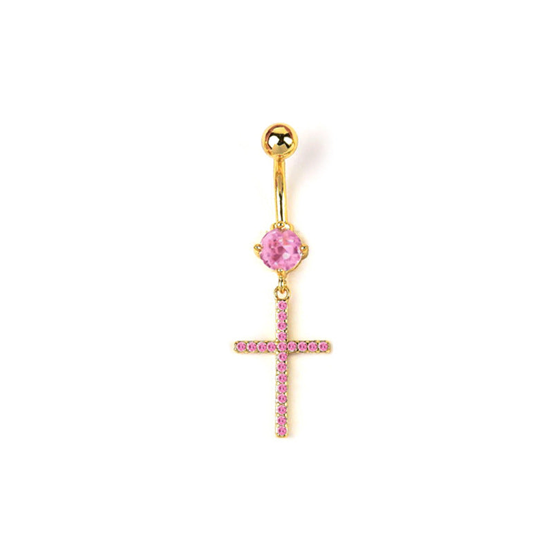 Catherine Zircon Cross Navel Ring - Pink (18k Gold) [EC84RMW9]