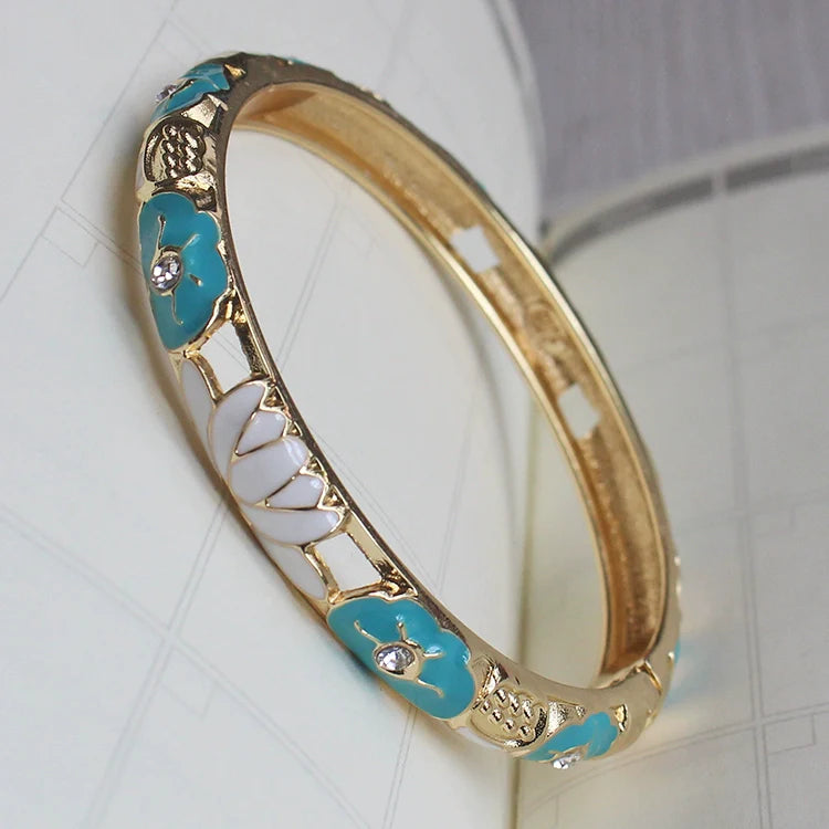 Sunshine Lotus Enamel Bracelet - Sky Blue Flower White Lotus