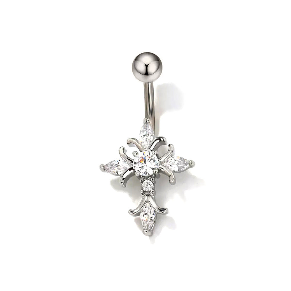 Adya Zircon Cross Belly Ring - White (Platinum Plated) [EL0VW3IV]