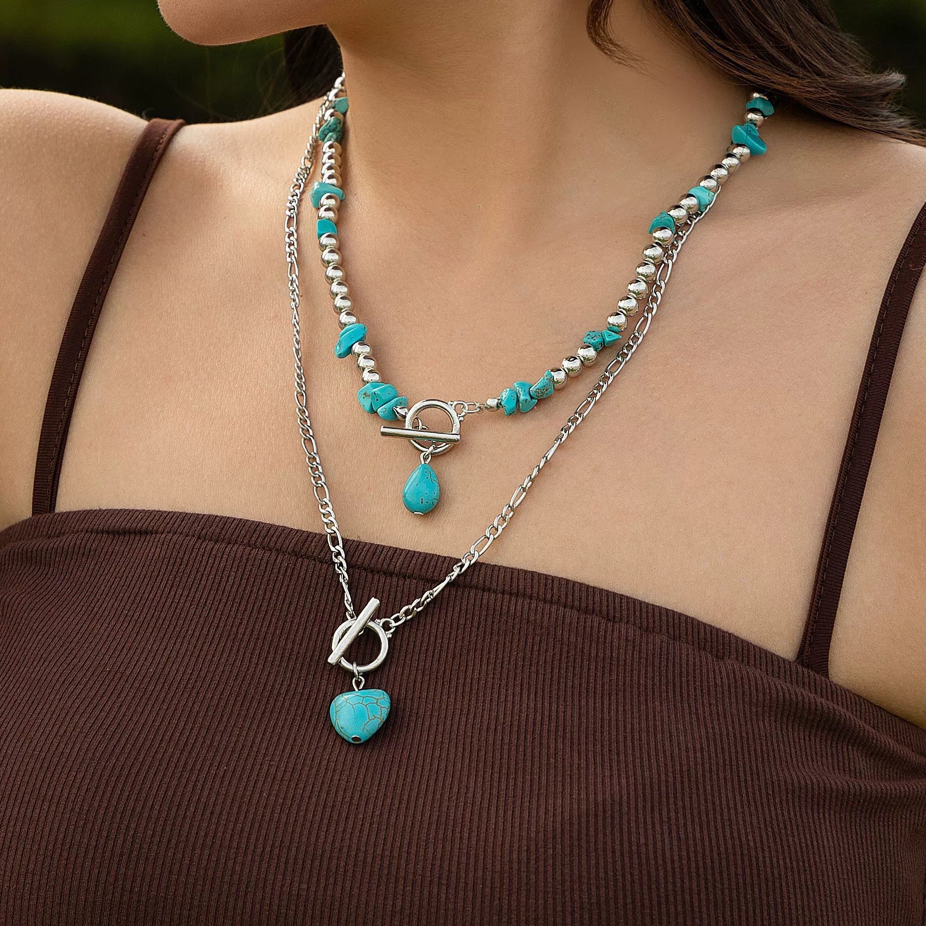 Abi Layered Turquoise Heart Necklace - Silver 2-Piece Set [3MX1KM7P]