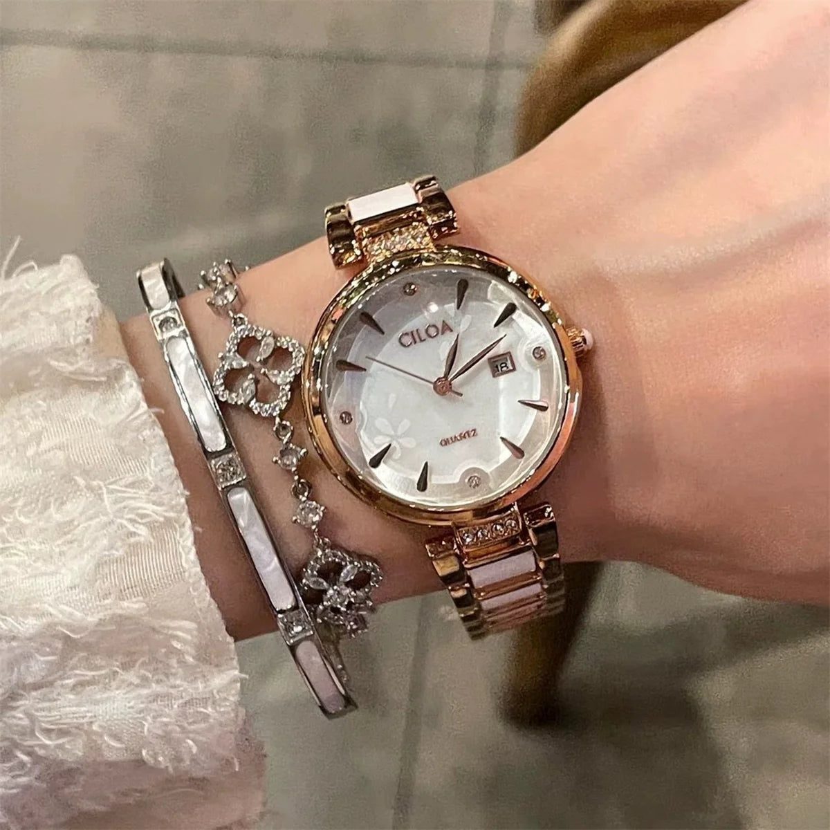 Alaynna Camellia Rhinestone Watch - Ceramic White Interspersed Rose Gold