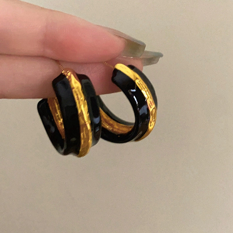 Ahna Black Gold C-Hoop Earrings - Black with Silver Needle [KY2DR4TC]