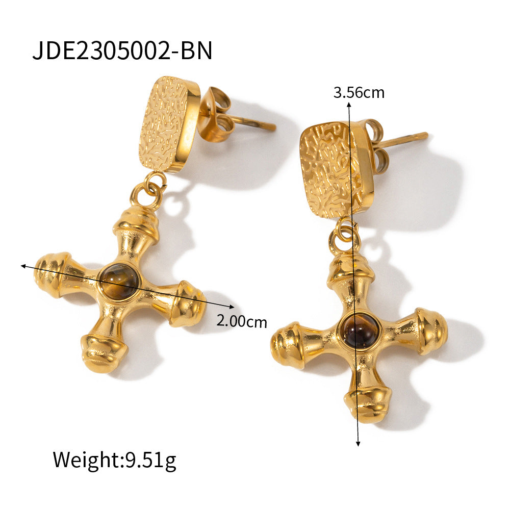 Kaelynn Gold Tiger Eye Cross Earrings - Gold Tone with Tiger Eye [WBQQM90S]