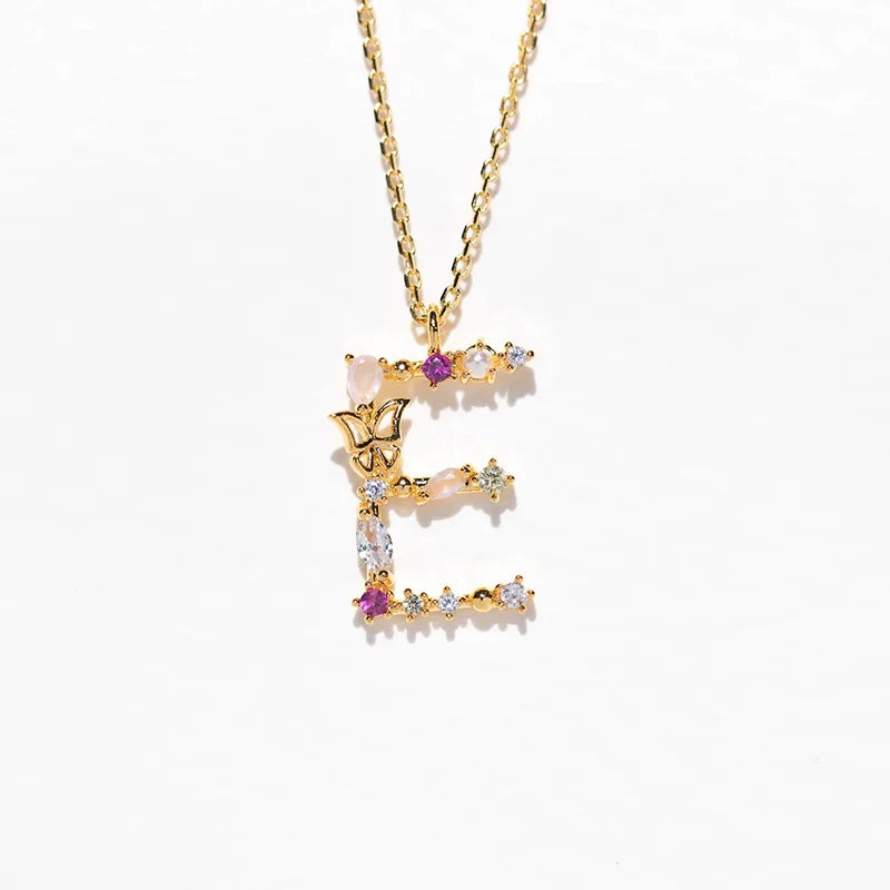 Joelle Golden Butterfly Initial Necklace - E Initial