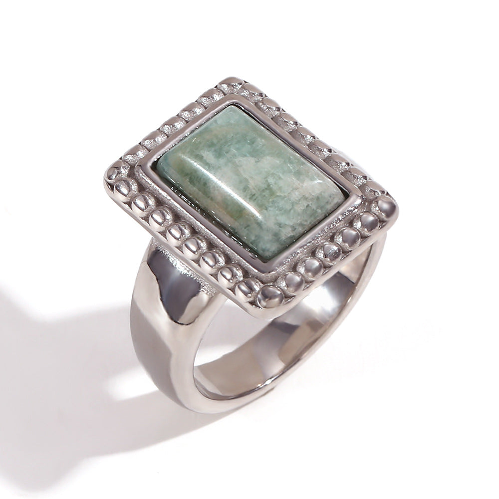 Shaindy Retro Stone Rings - Lace Rectangular Natural Stone Ring - Steel - Amazonite - Size 6 [JR20G28W]