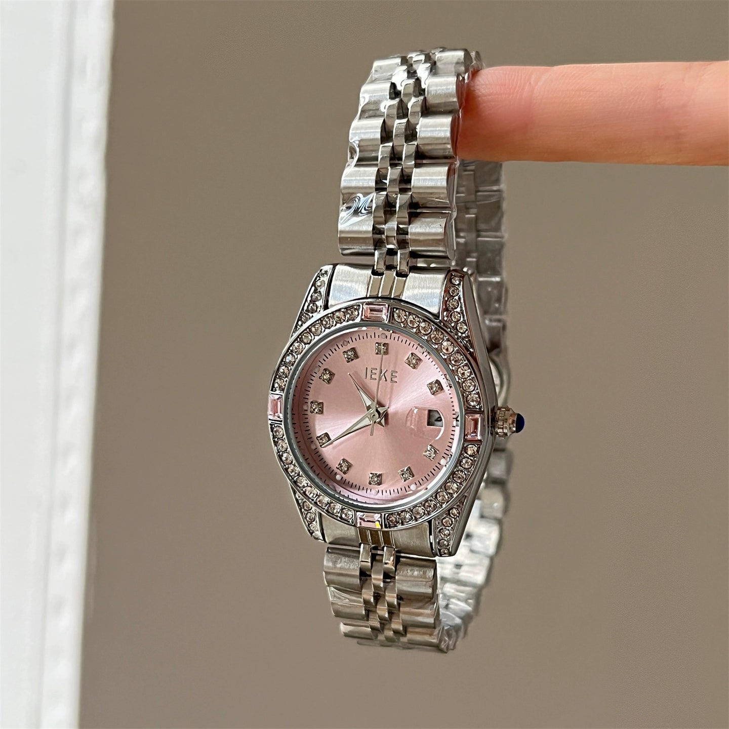 Jaslene Diamond Steel Watch - Silver Band, Pink Face [25EJI7WO]