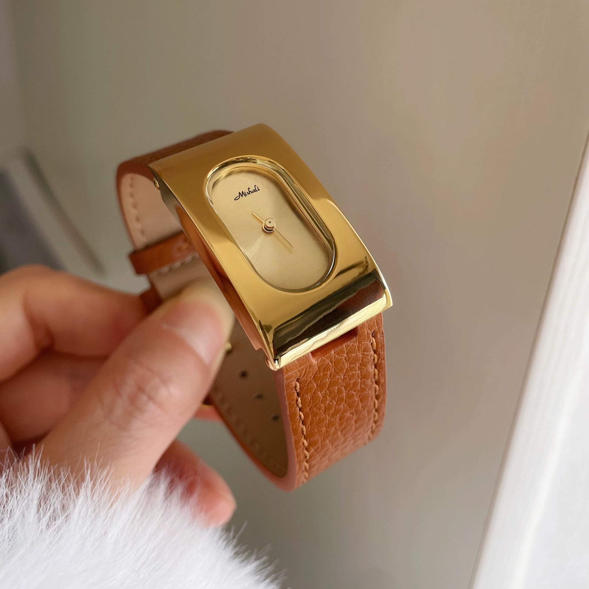 Calianna Heritage Rectangular Watch - Orange Strap Gold Case