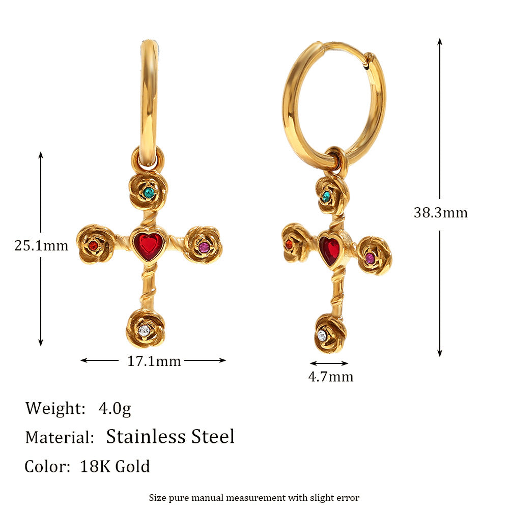 Keri Gilded Rose Cross Set - Rose Cross Pendant Earrings, Gold Multi-color [DYSD18MW]