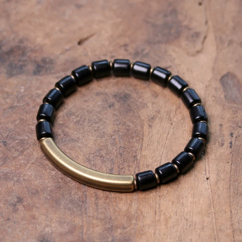 Maycee Sandalwood Bead Bracelet - Square Copper Black Barrel
