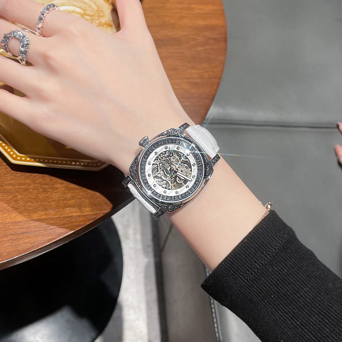 Macyn Luxe Skeleton Watch - Silver White Strap