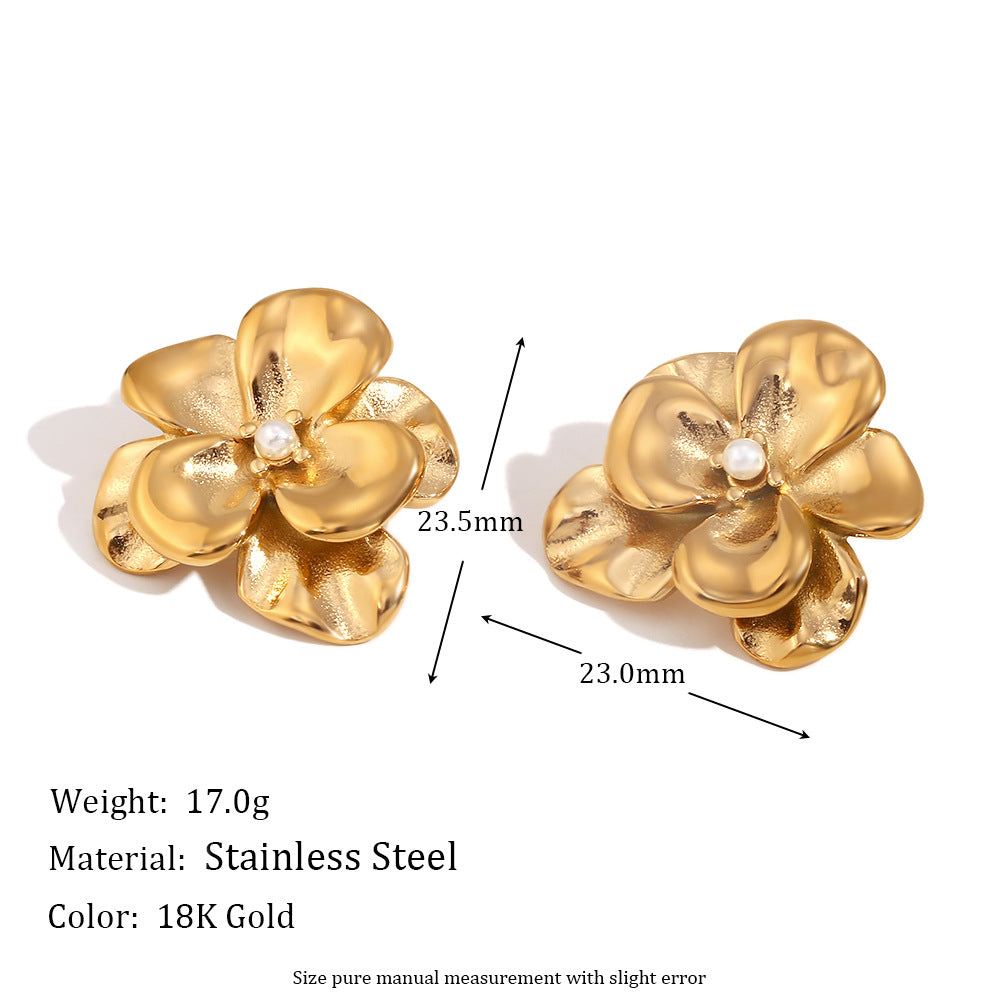 Evette Pearl Starfish Earrings - Double Layer Petal Pearl Stud Earrings - Gold [0GZ1UA0D]