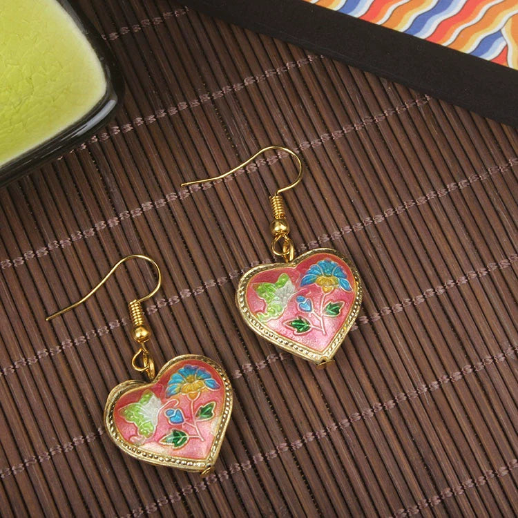 Adia Vintage Enamel Drop Earrings - Pink Heart Butterfly Loving Flower