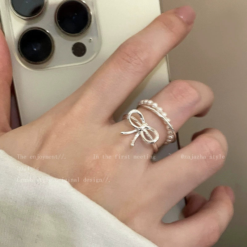 Cana Delicate Bow Pearl Ring - Ring Set [QWHH1G0D]