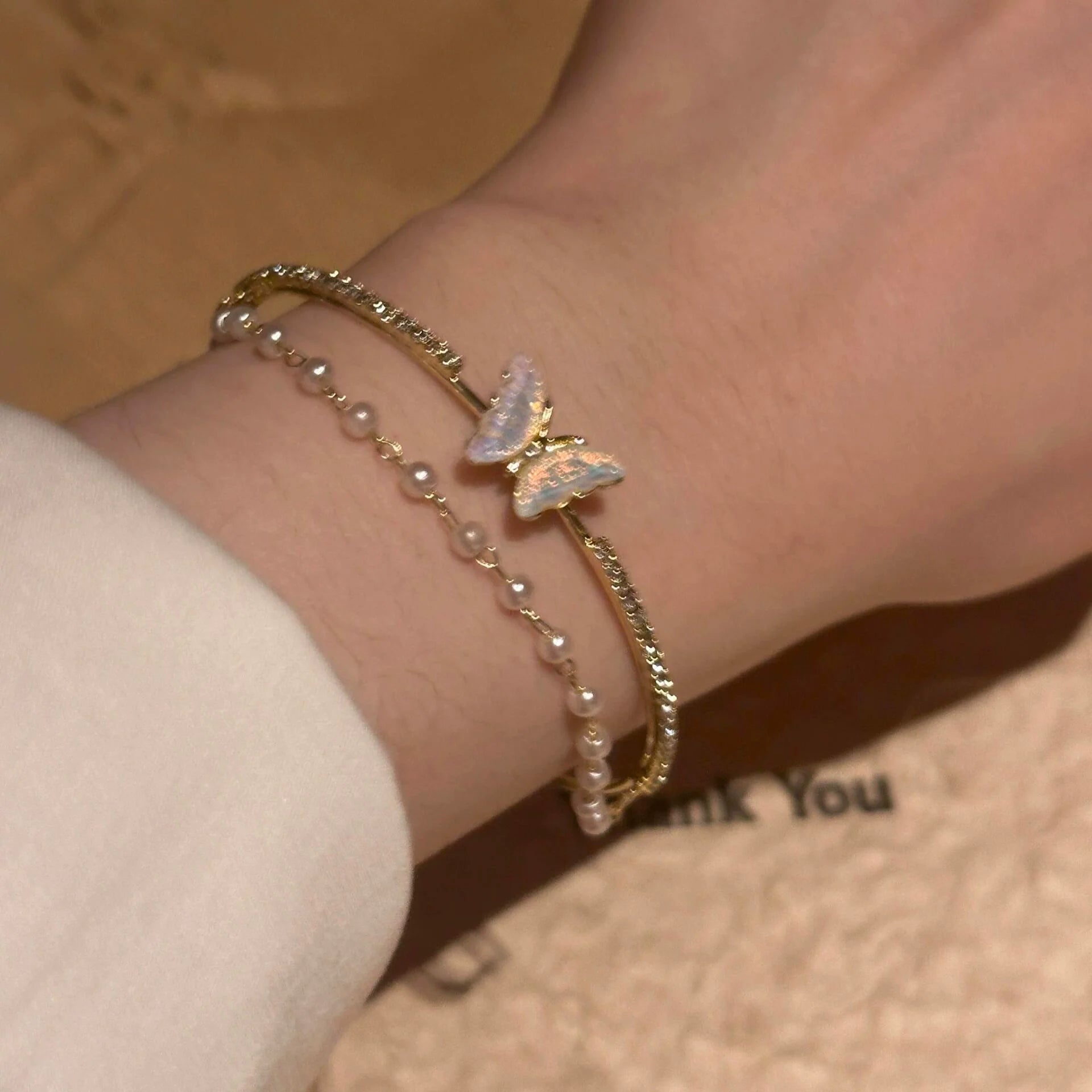 Kashmere Pearl Butterfly Cuff - Butterfly Double Layer Bracelet