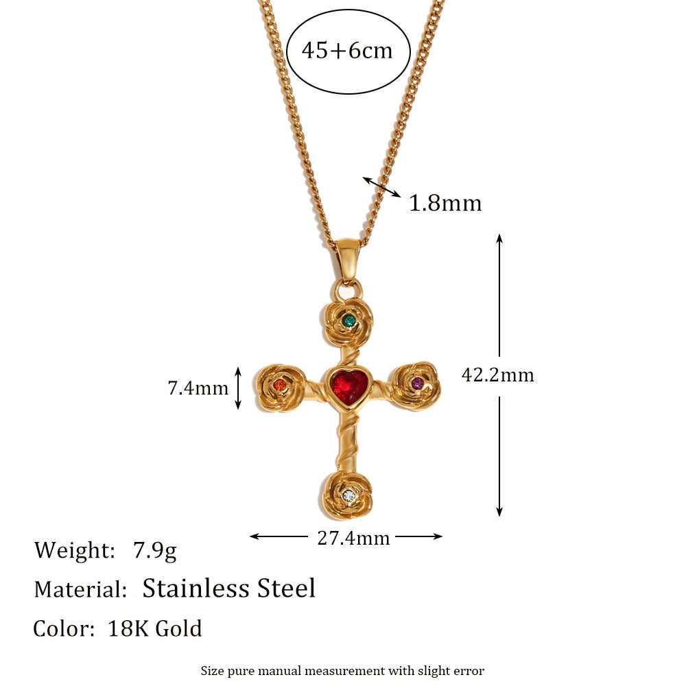 Keri Gilded Rose Cross Set - Rose Cross Pendant Necklace, 1.8mm Side Chain, Gold Multi-color [XOISXT9Y]