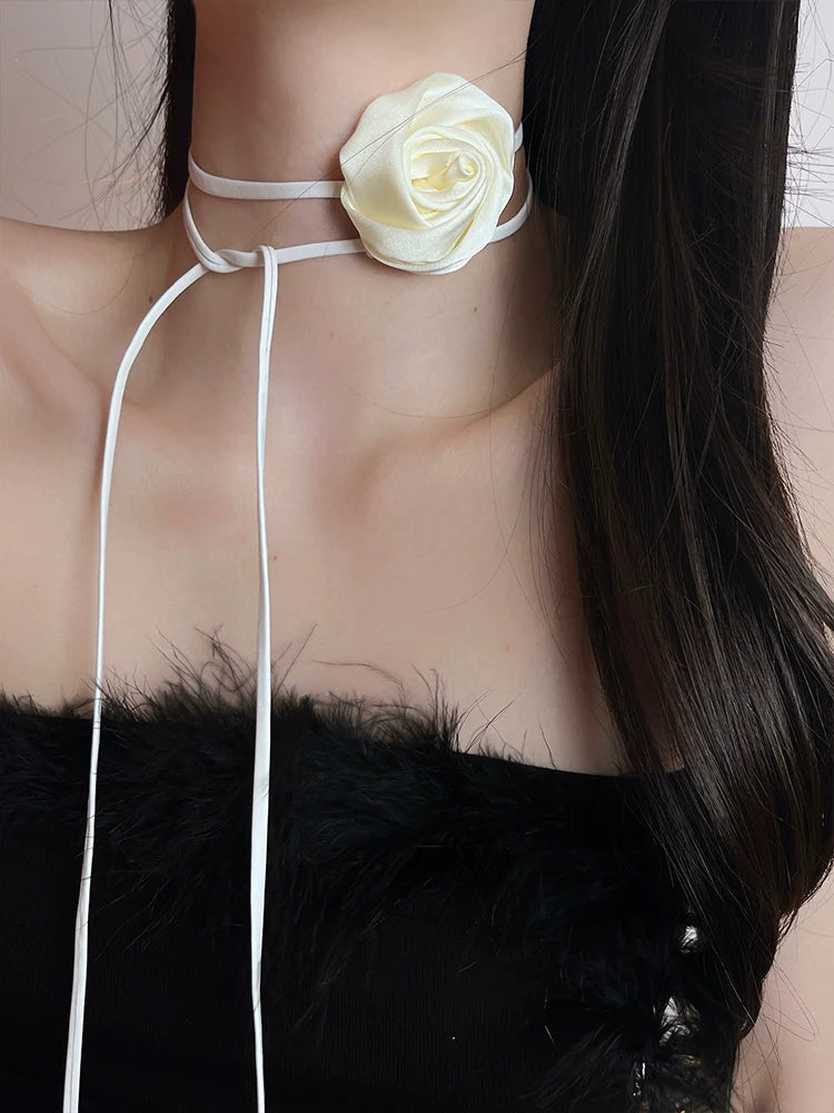 Calina Rose Tie Choker - White