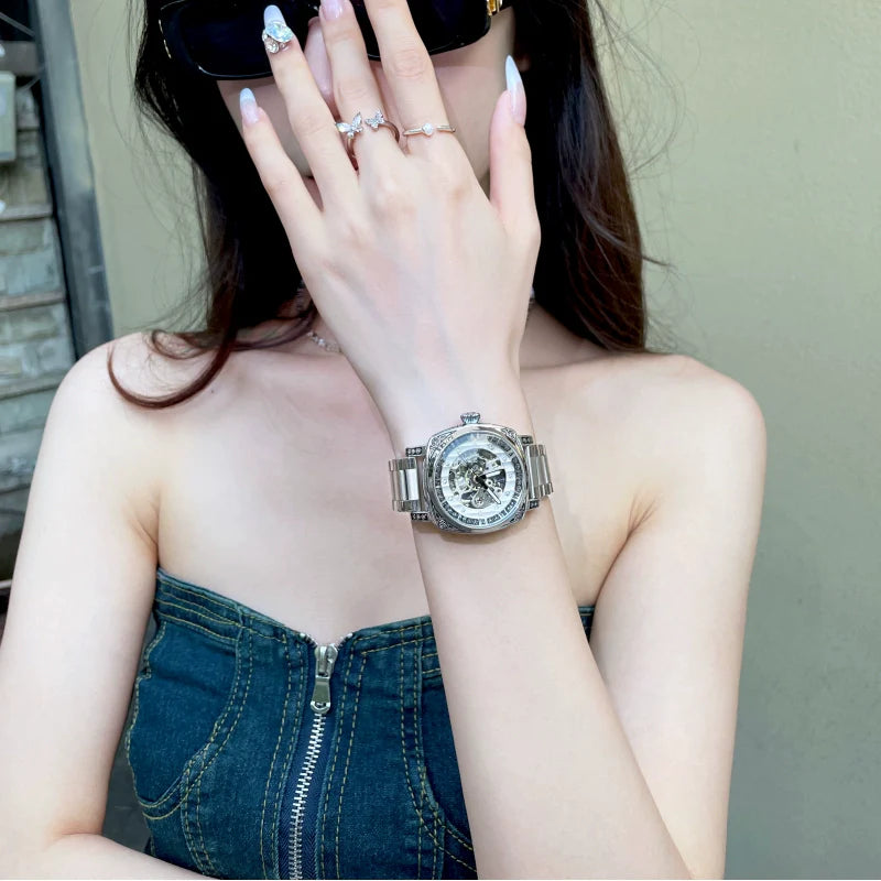 Macyn Luxe Skeleton Watch - Silver Steel Strap
