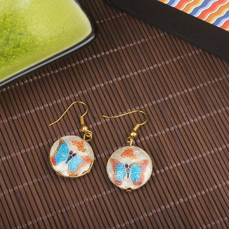 Adia Vintage Enamel Drop Earrings - Round Beige Base Butterfly