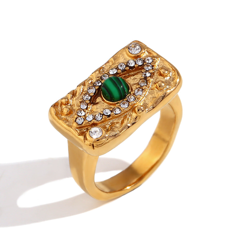 Sarena Malachite Eye Jewelry Set - Malachite Eye Zircon Rhinestone Square Ring - Gold - Size 6 [AMVBNQWJ]