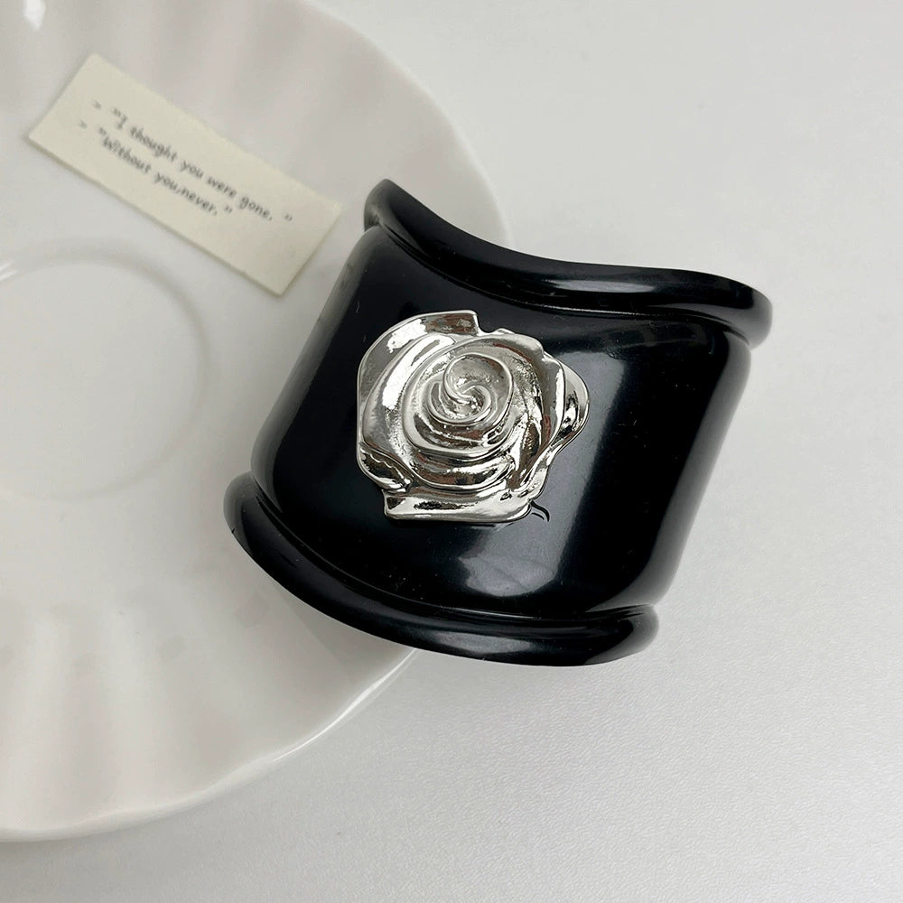 Auria Black Rose Cuff Bracelet - Black Rose Open Cuff Bracelet