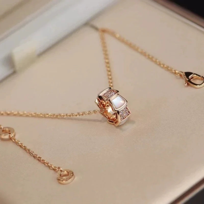 Shahd Serpent Charm Necklace - Rose Gold White Mother-of-Pearl
