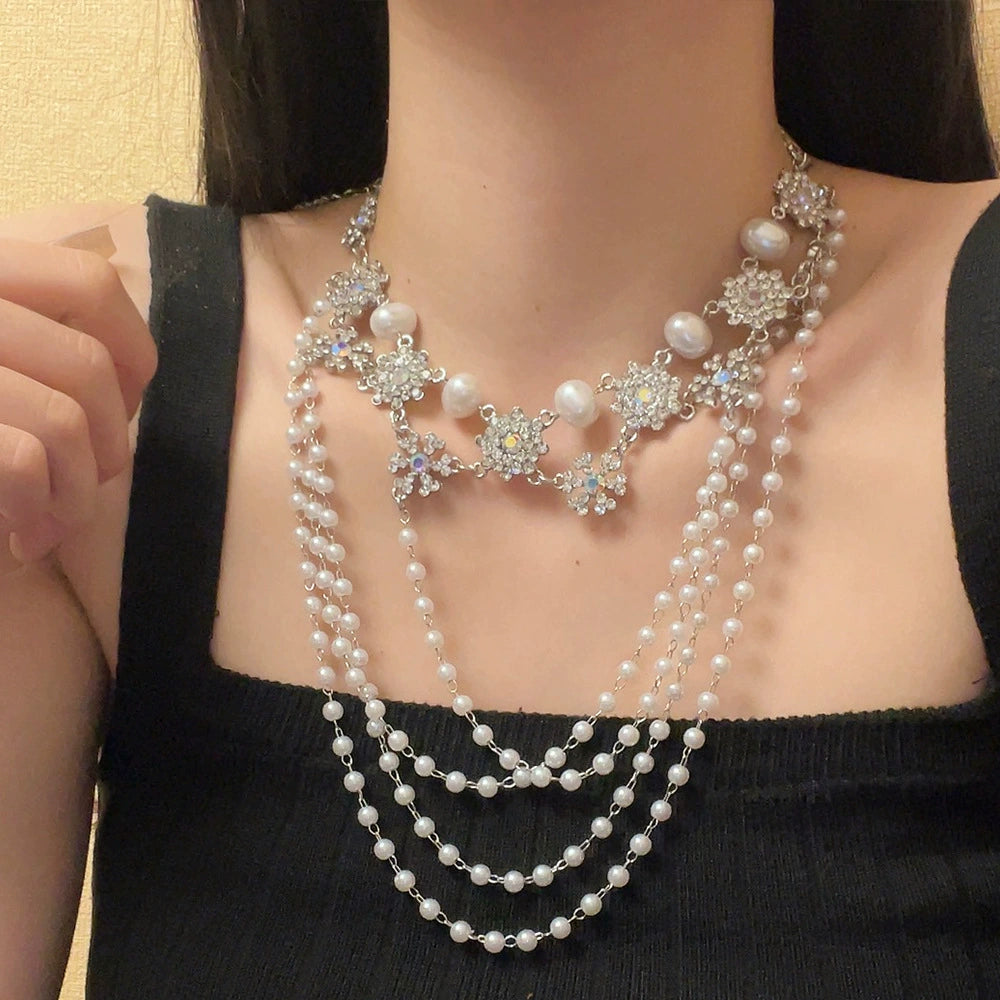 Nuha Rhinestone Pearl Shoulder Chain - Rhinestone Flower Pearl Necklace [68PK1O7S]