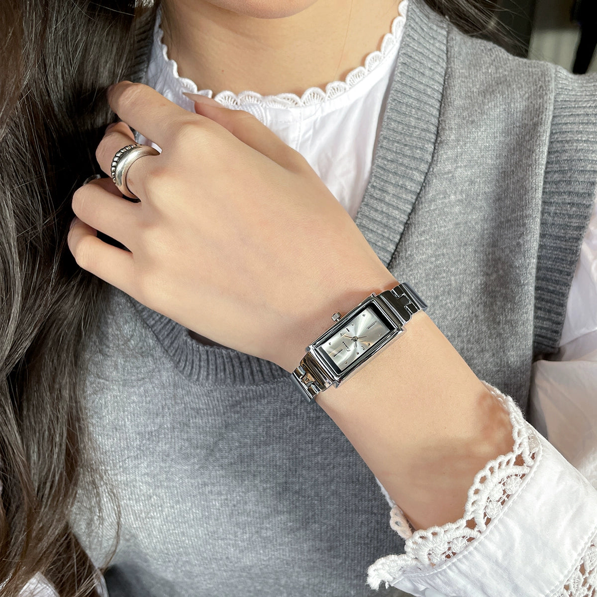 Josette Rectangular Bracelet Watch - Silver Band Silver Dial [IWTV3NJM]