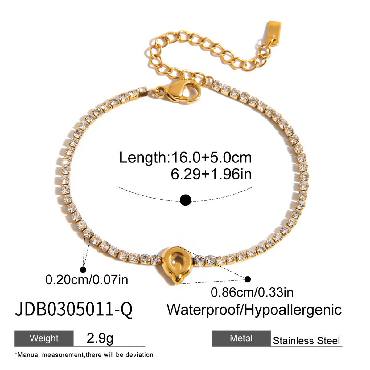 Cayleigh Rhinestone Initial Bracelet - Initial Q [XTAVJ5E1]