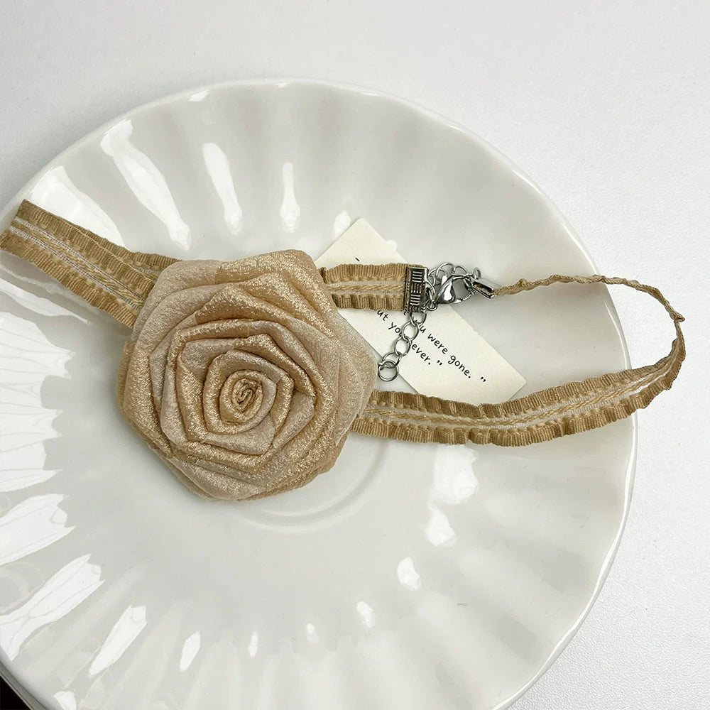 Coco Rose Ribbon Choker - Light Brown Flower Necklace