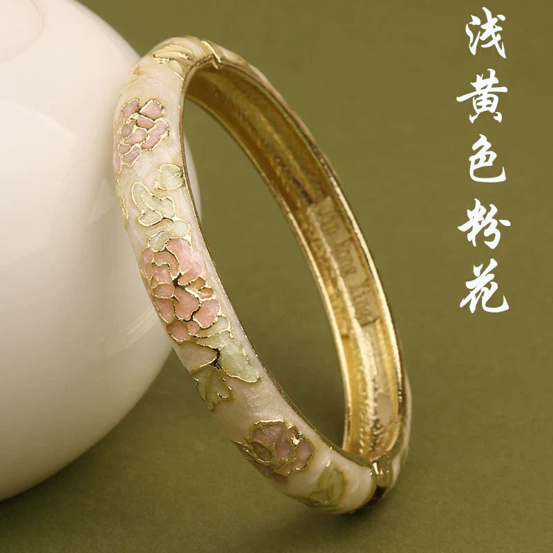 Lana Chinoiserie Floral Bangle - Light Yellow with Pink Flower (10mm)