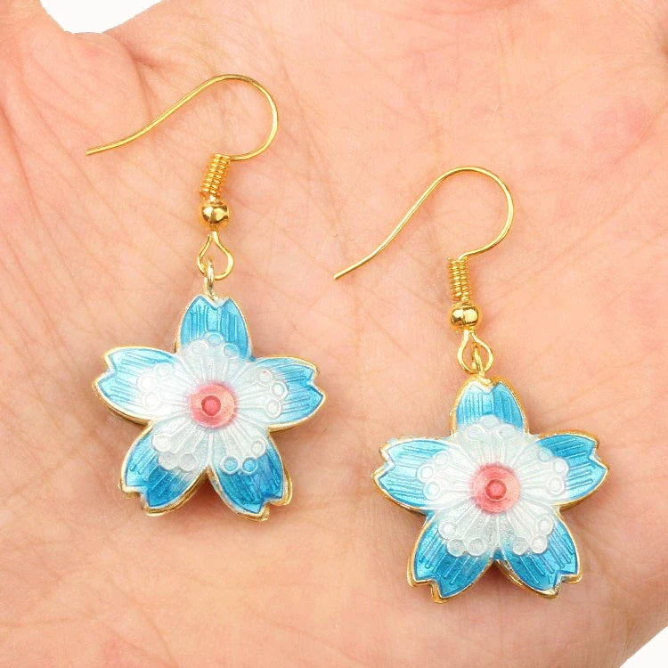Adia Vintage Enamel Drop Earrings - Sky Blue Petal